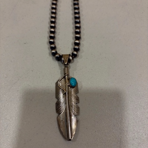 Sterling & turquoise feather pendant signed CC, pendant only - Picture 4 of 5